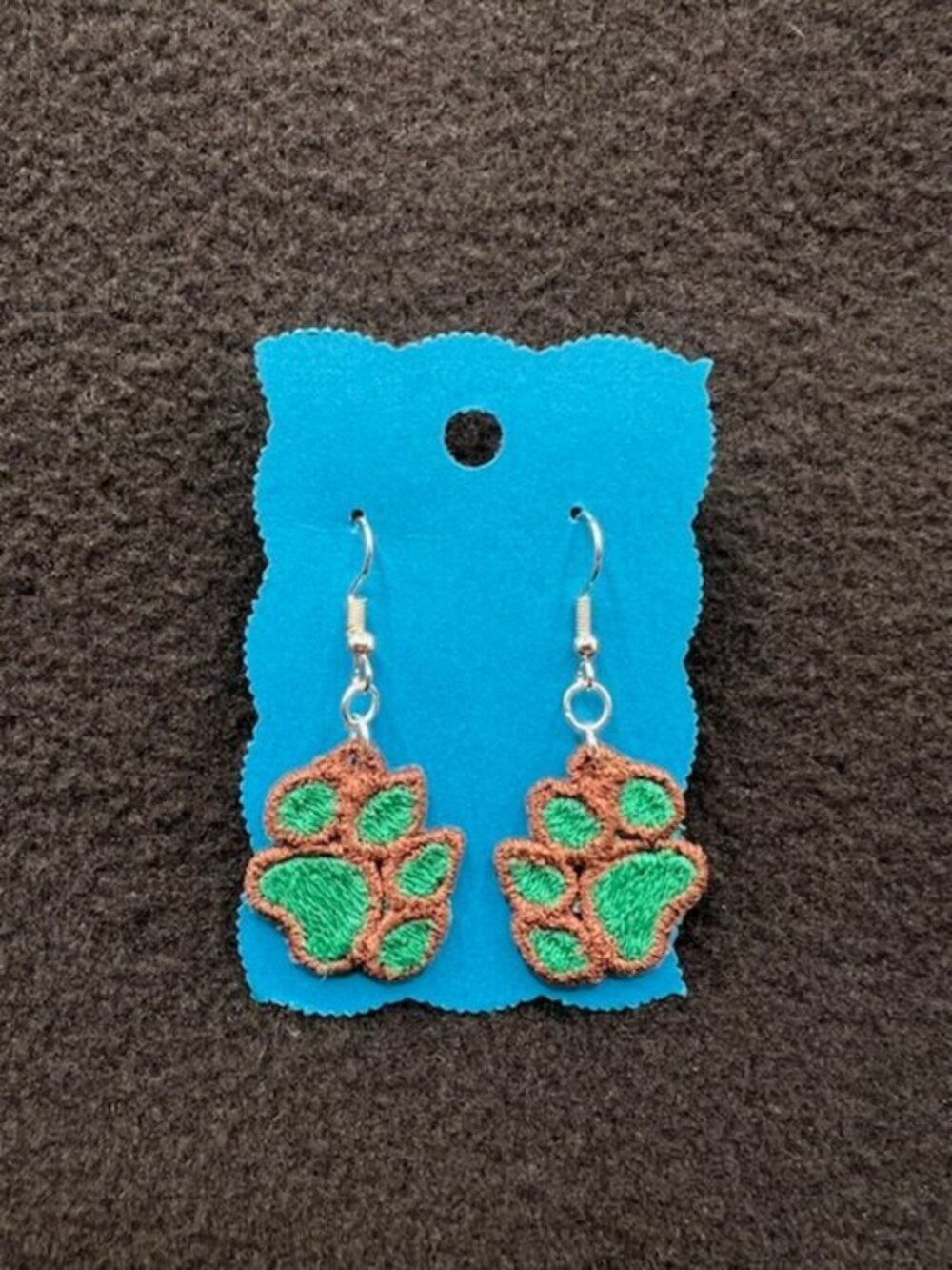 Homemade Brown & Green Paw Print Lace Earrings